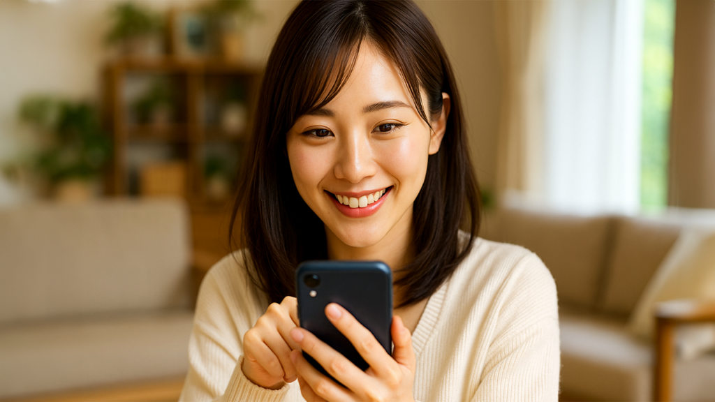 スマホをもって喜んでいる人