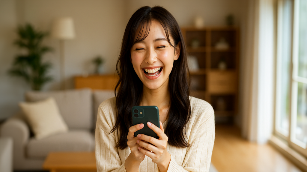 スマホを手に入れて笑顔の人