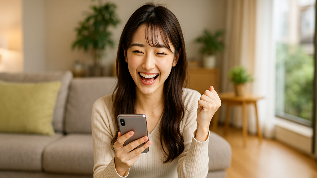 スマホを入手して喜んでいる女性