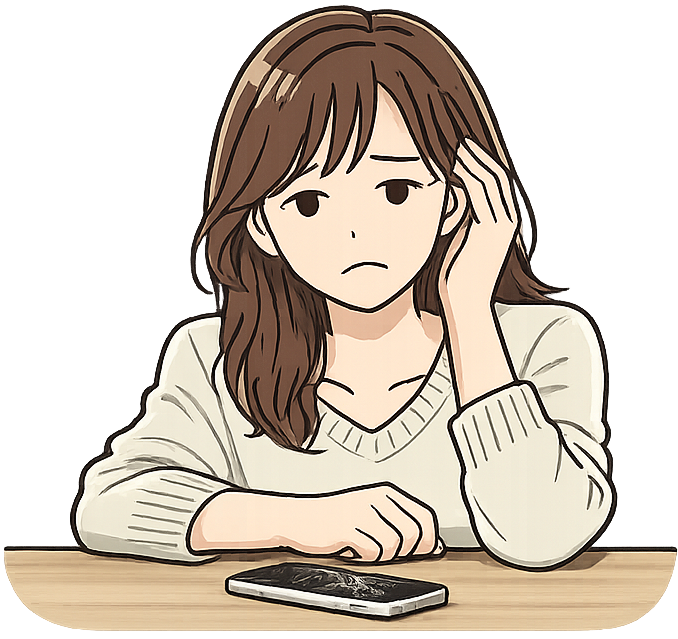 壊れたスマホを眺めている女性