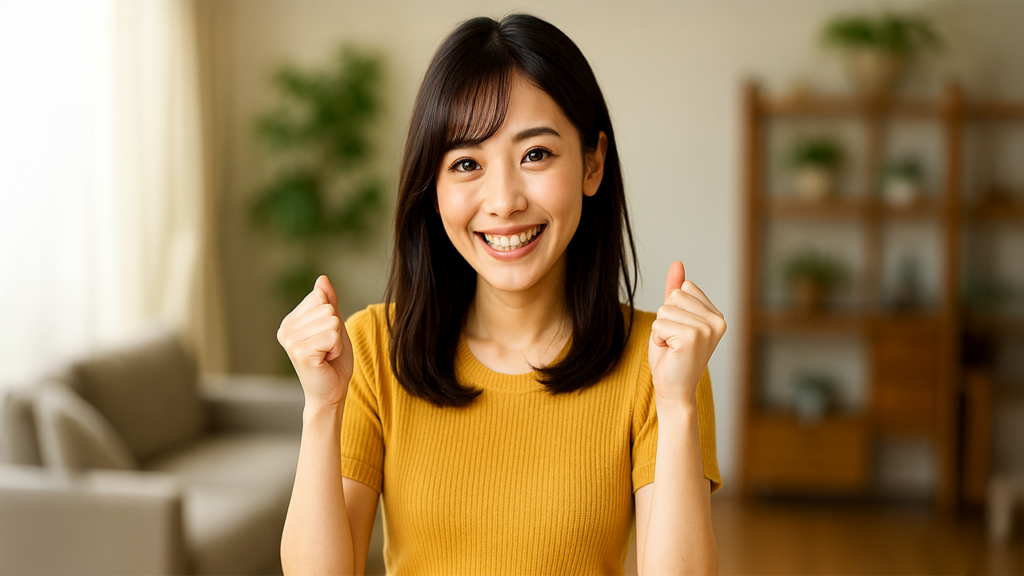 ガッツポーズしている女性