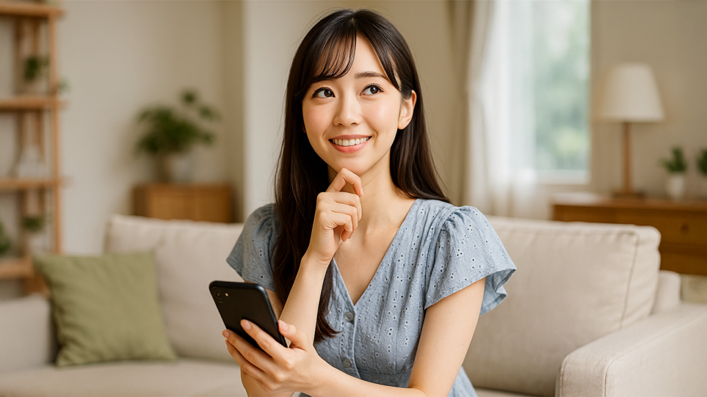 スマホを使って考えごとをしている女性
