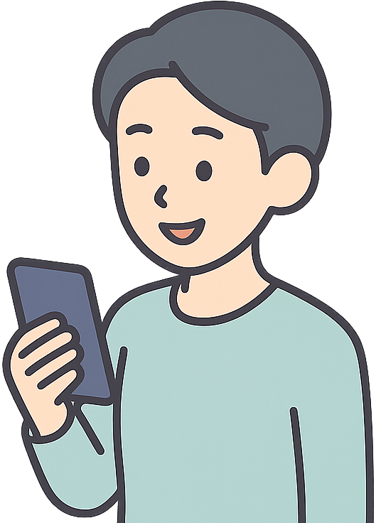 笑顔でスマホを使っている人