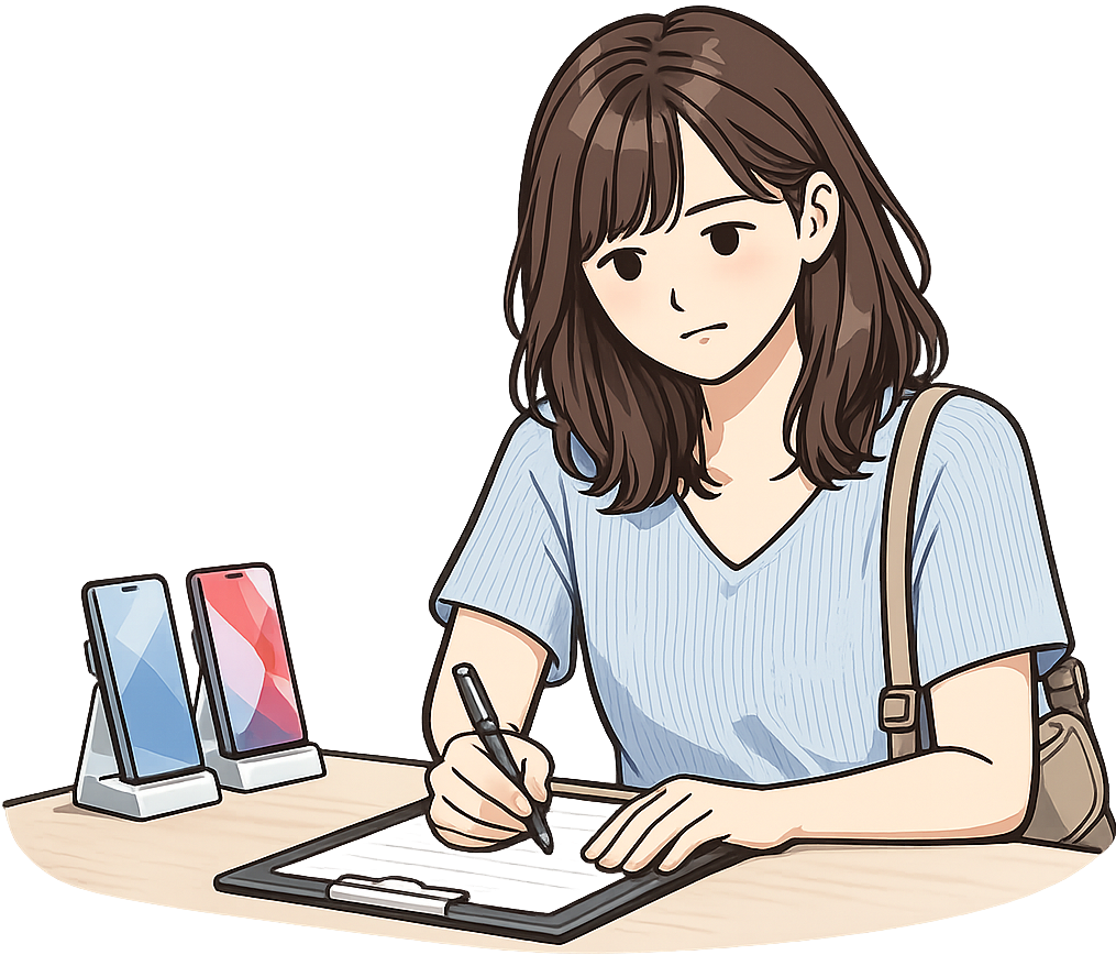 スマホショップのカウンターで書類に記入している人